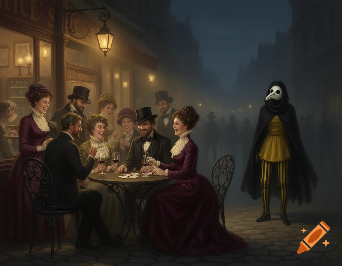 Painted night scene: Victorian people at a cafe table play cards, while a cloaked plague doctor stands nearby in the misty street.