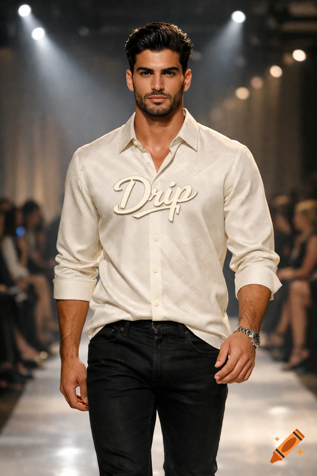 A photorealistic image of an Arabian-American male fashion model wearing a white shirt with "Drip" text and dark jeans on a catwalk.