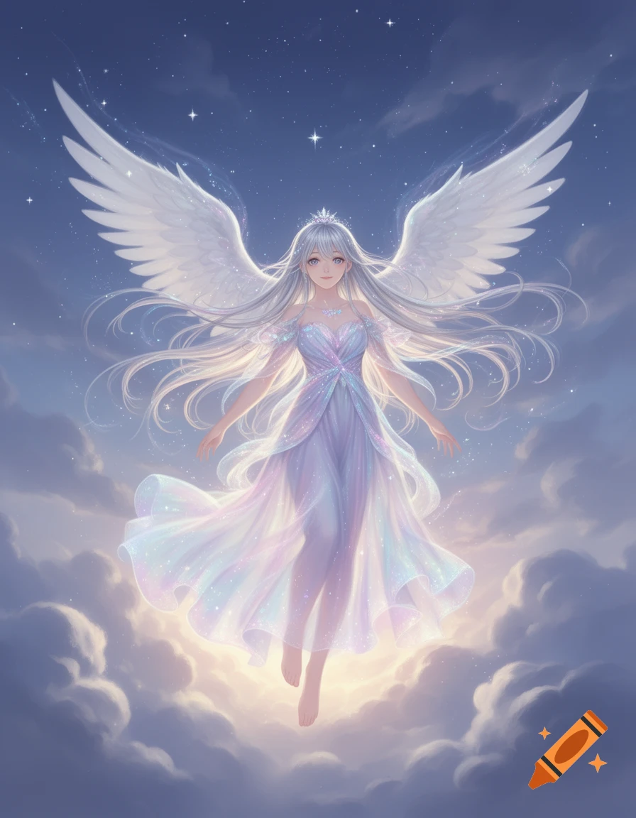 Anime magical girl with white wings and long silver hair floating serenely among sparkling clouds under a starry night sky.