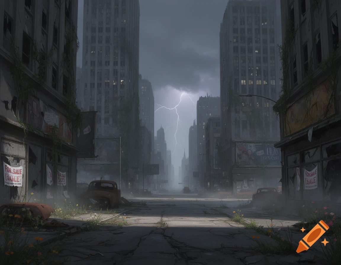 A gloomy, photorealistic view of an abandoned city street with dilapidated buildings, rusty cars, and lightning striking in the distance.