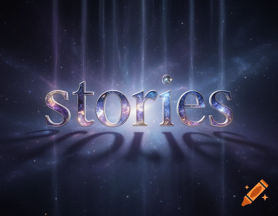 The word "Stories" rendered in metallic letters filled with a galaxy pattern, casting shadows on a dark, star-filled space background with faint light rays.