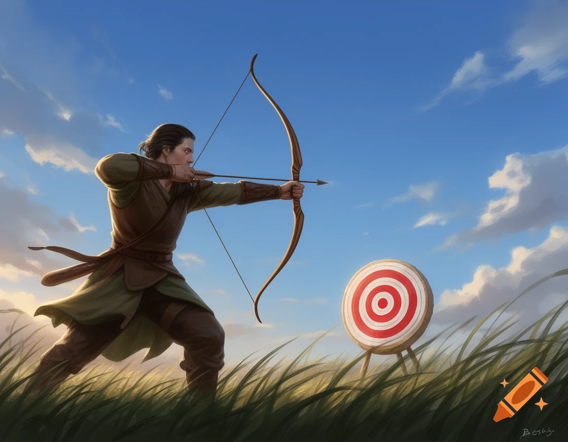 An archer in a fantasy-style outfit aims a bow at a bullseye target in a grassy field under a bright blue sky.