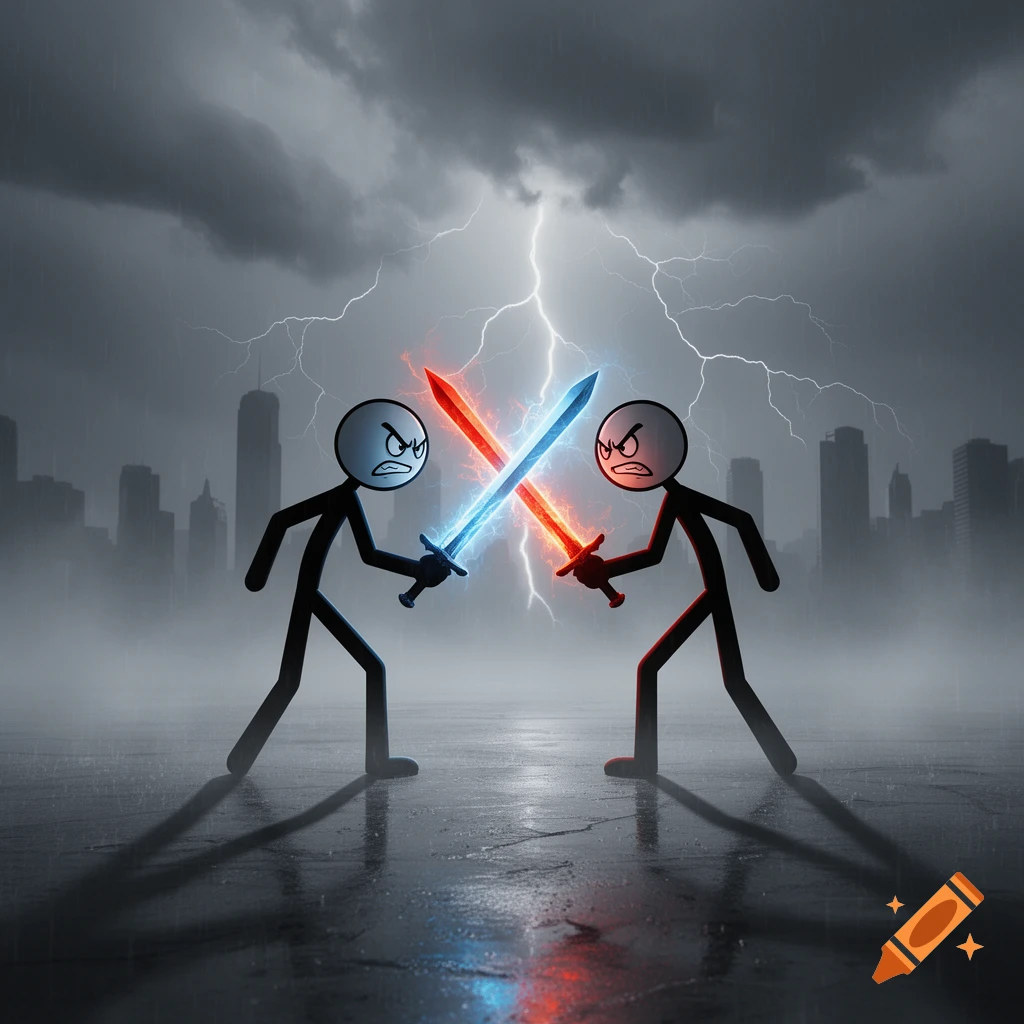 Two angry stick figures duel with glowing red and blue swords under a stormy, lightning-filled city skyline.