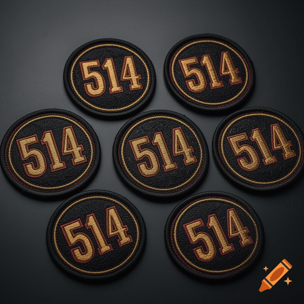 Seven black circular embroidered patches with a gold "514" and red outline, on a dark surface.