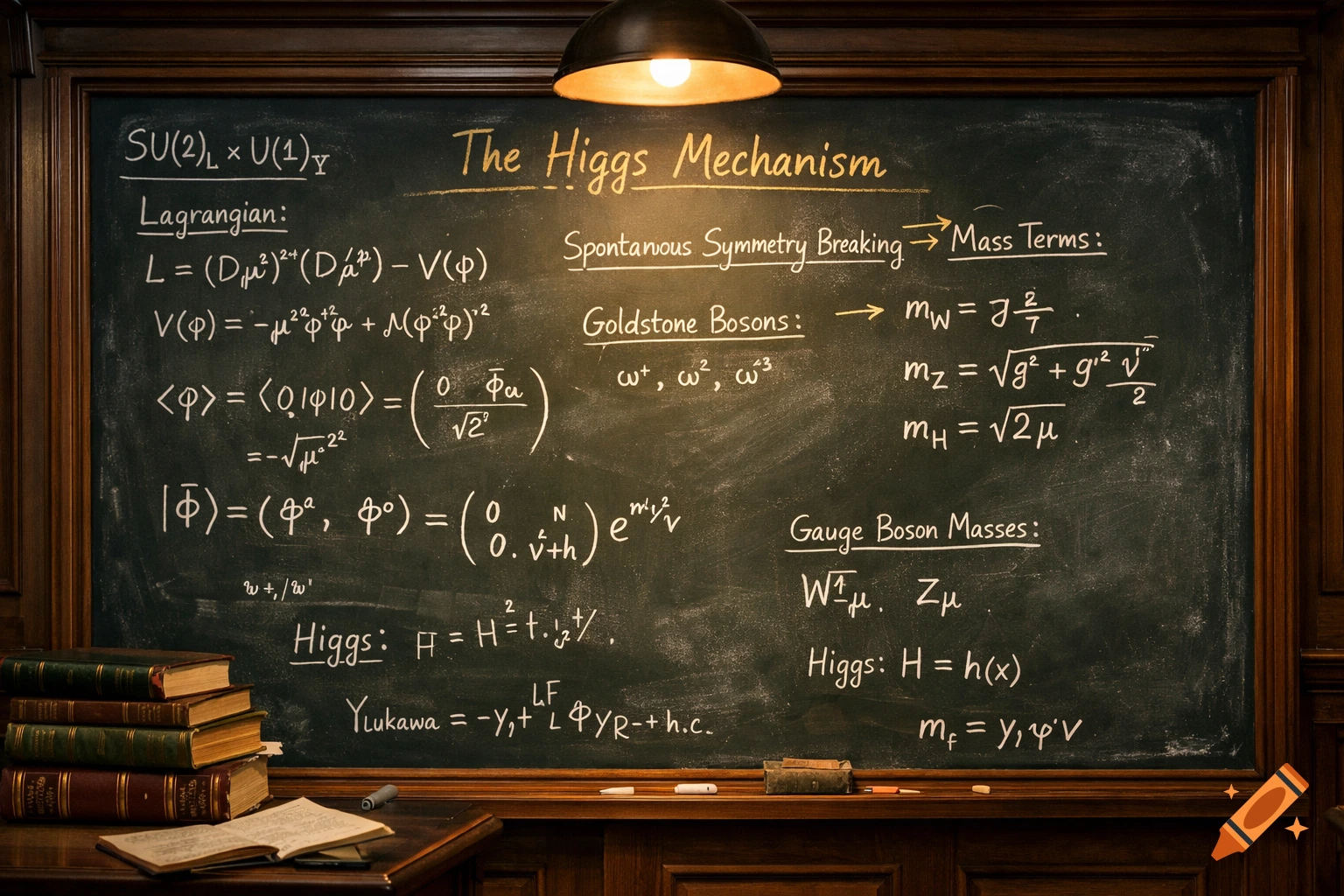 A dark green chalkboard filled with white chalk scientific equations and diagrams related to the Higgs Mechanism, under a warm light fixture. Books and an open notebook are on a wooden desk below.
