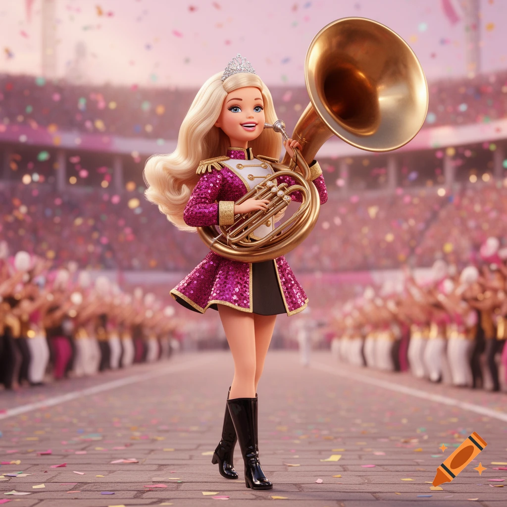 3D Barbie doll in a sparkly pink marching band uniform and black boots plays a sousaphone in a stadium filled with confetti.