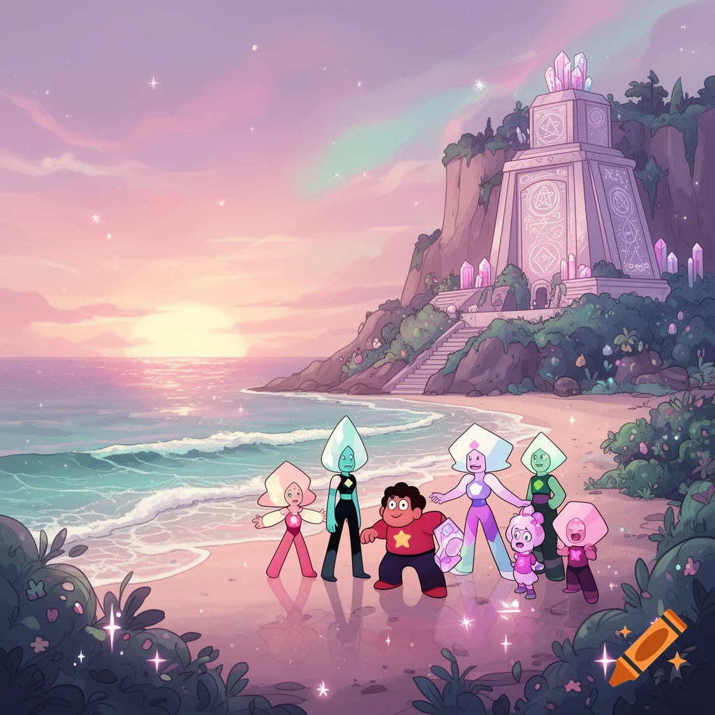 Steven and the Crystal Gems stand on a pink sandy beach at sunset, with a large temple on a cliffside.