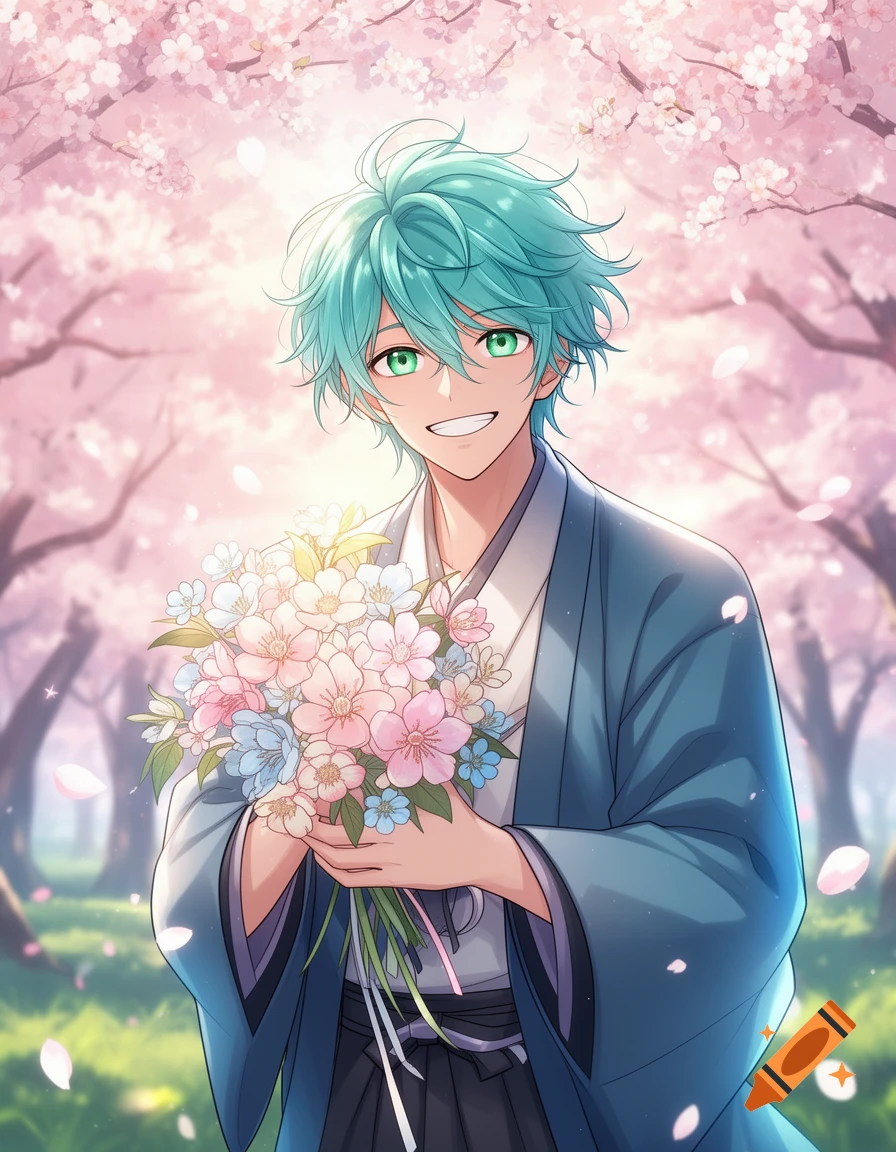A smiling anime boy with teal hair and green eyes, wearing a kimono and ...