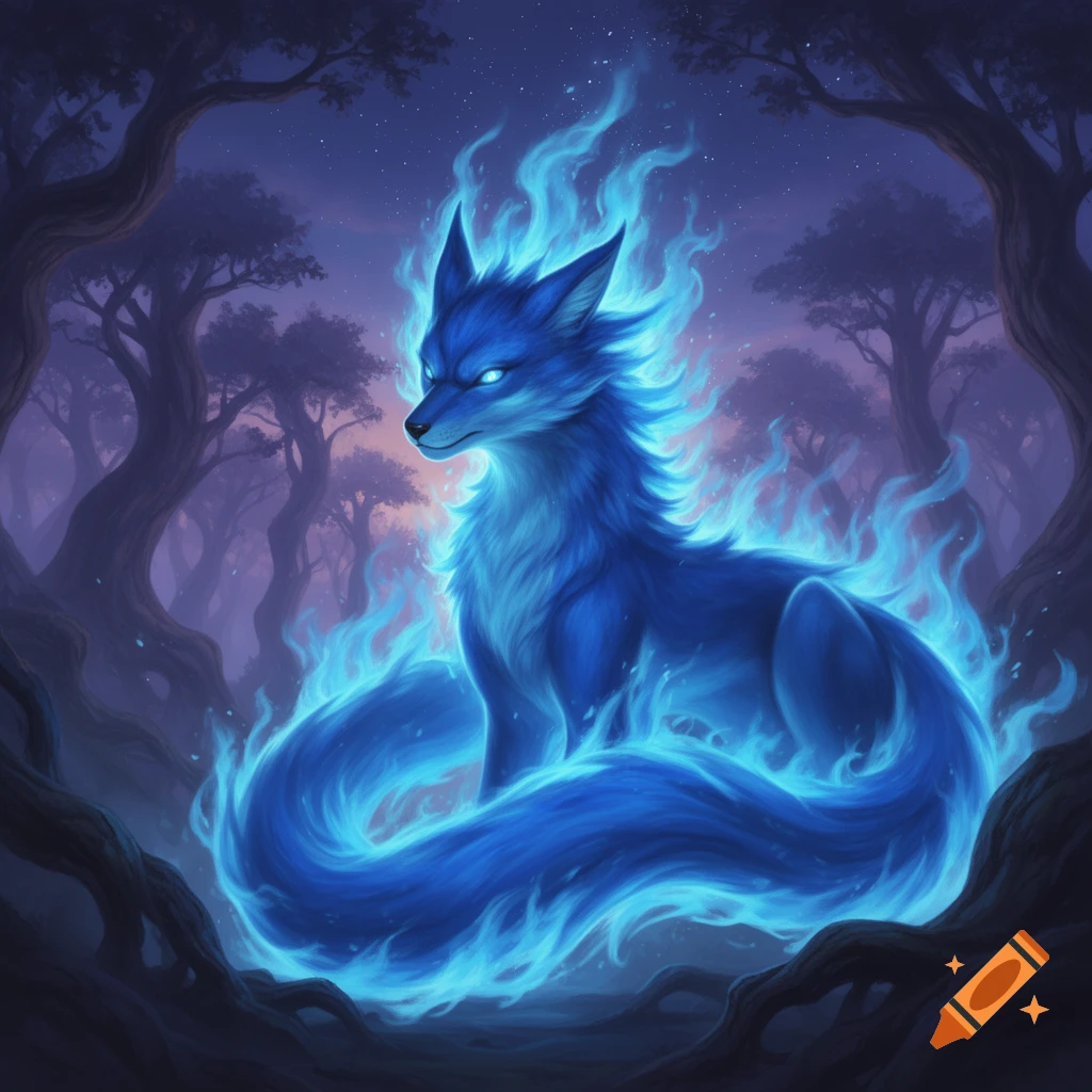 A blue fox-like creature with glowing eyes stands wreathed in blue flames in a dark, magical forest at night, digital art.