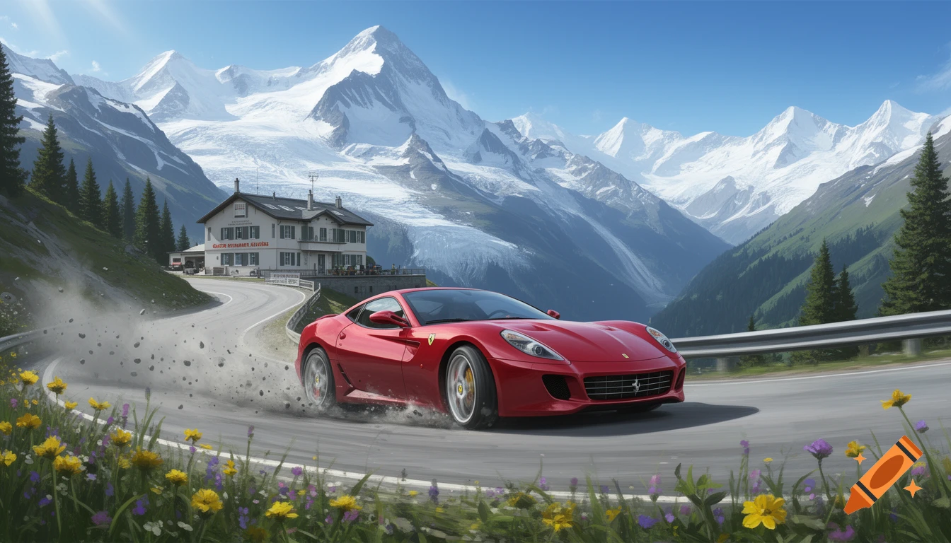 A red Ferrari 599 GTB drifts on a winding mountain road past a restaurant, with snow-capped peaks and wildflowers. Photorealistic.