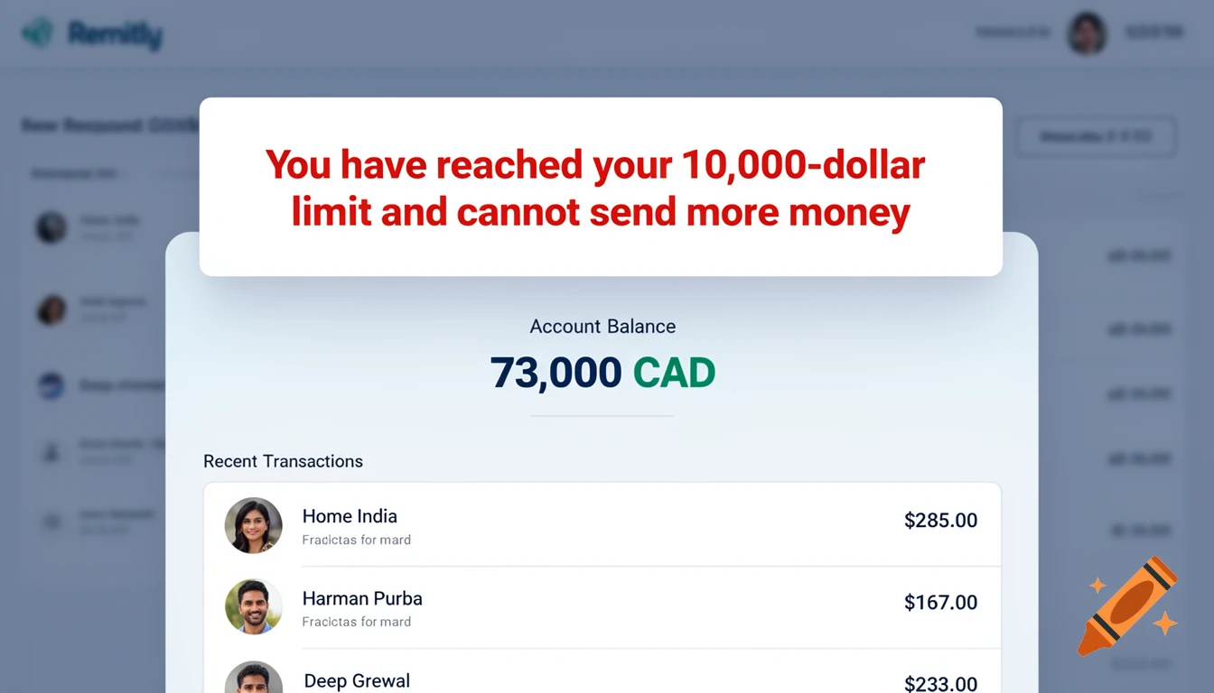 Screenshot of a financial app showing a red error message about reaching a 10,000-dollar limit, with an account balance of 73,000 CAD and recent transactions listed.