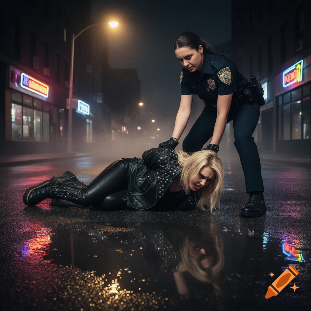 A female police officer restrains a distressed blonde woman in a leather jacket on a wet, dark city street at night.
