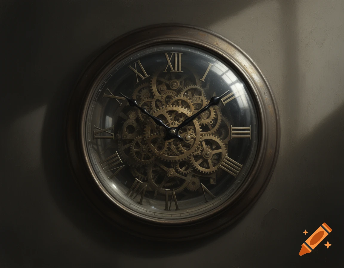 A detailed, antique-style wall clock with visible brass gears and Roman numerals, illuminated by a diagonal shaft of light.