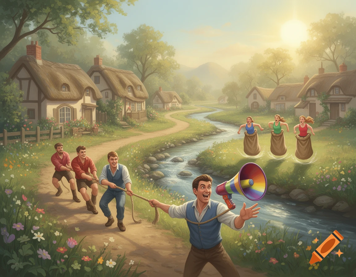 A cheerful illustration of villagers playing tug-of-war and a sack race beside a stream in a scenic village with thatched cottages.