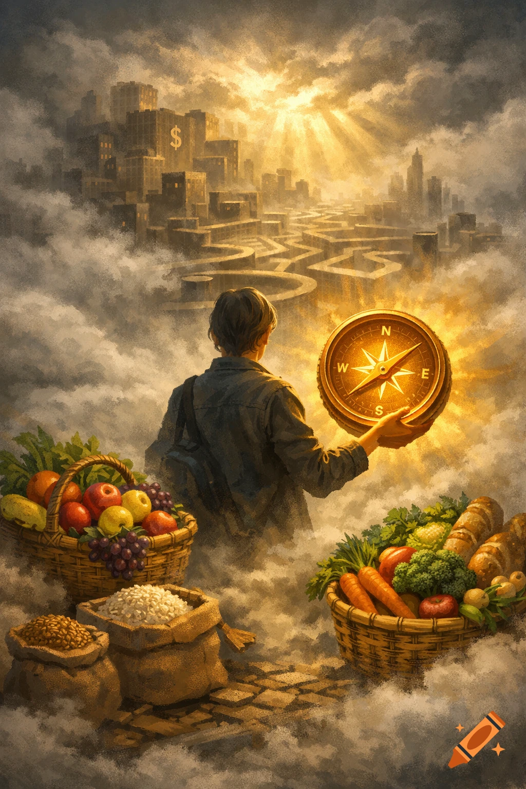 A person viewed from behind holds a glowing compass, facing a cloudy city with dollar signs and a maze, with baskets of fruit, vegetables, and grain in the foreground, in a painterly style.