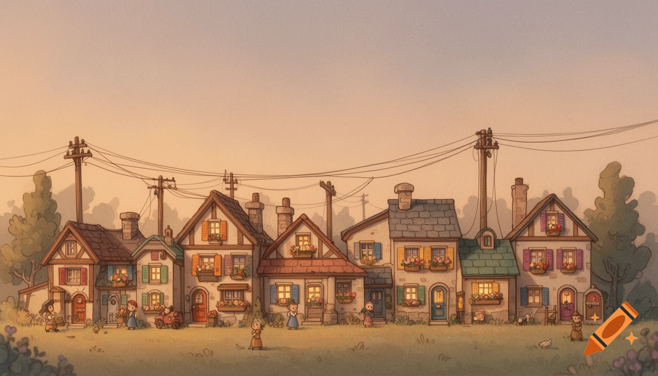 A cozy cartoon illustration of colorful village houses with small figures, trees, and power lines under a warm sky.