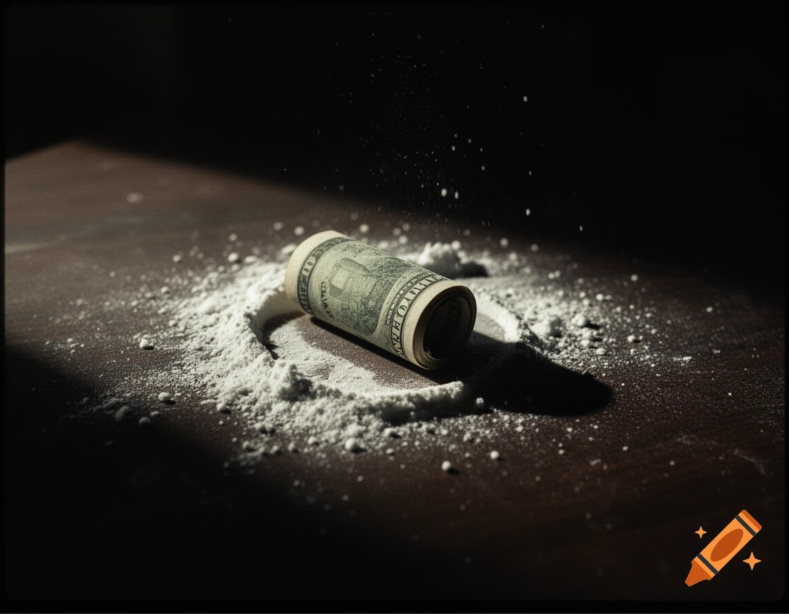 A rolled US banknote lies on a dark wooden table, surrounded by scattered white powder, dramatically lit.