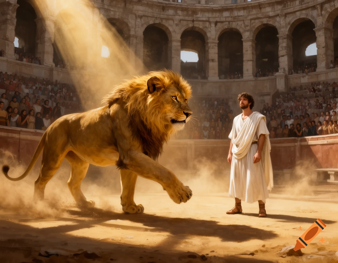 A large lion faces a man in a white toga in a dusty Roman amphitheater, with a crowd in the background.