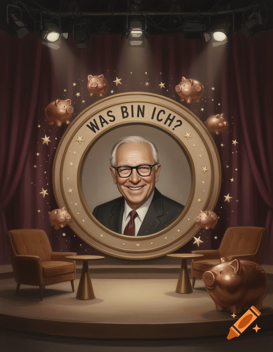 Smiling Robert Lembke in a circular frame on a stage, surrounded by stars and piggy banks, with the text 'WAS BIN ICH?'