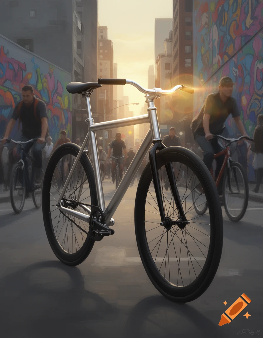 A close-up of a silver fixie bicycle on a city street with cyclists in the blurry background and colorful graffiti walls under a bright sky.