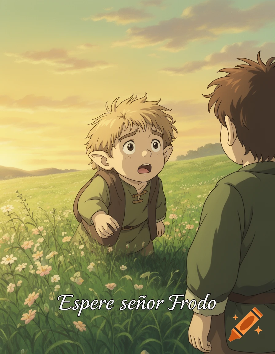 Ghibli-style anime of a startled young hobbit facing another in a sunny flower meadow, with text 'Espere se or Frodo'.