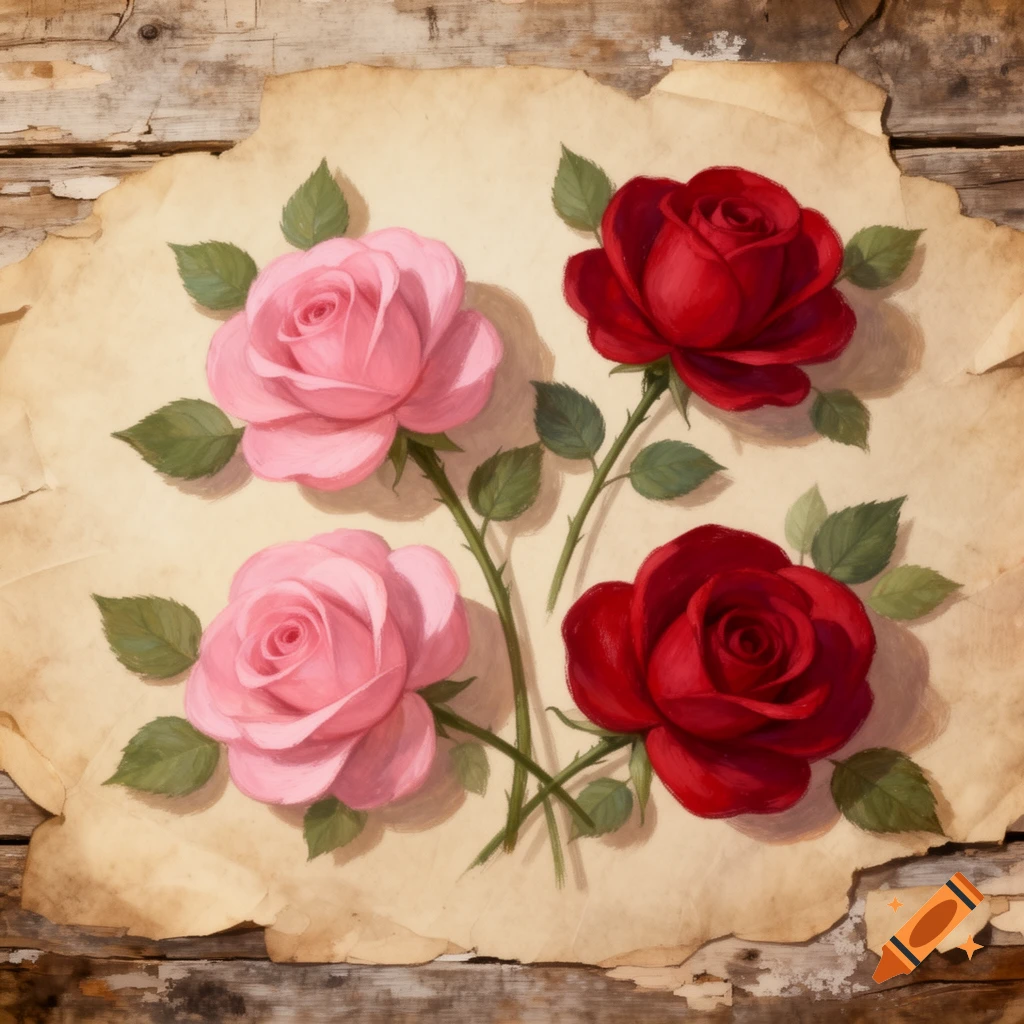A folk art painting of four roses, two pink and two red, on a distressed paper background, atop rustic wood.