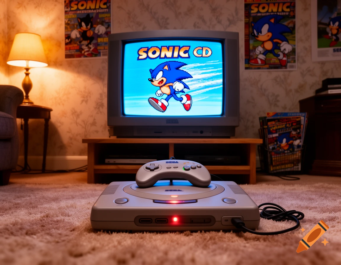 A retro living room scene with a Sega CD console, controller, and a CRT TV displaying Sonic CD gameplay. Sonic posters are on the wall.