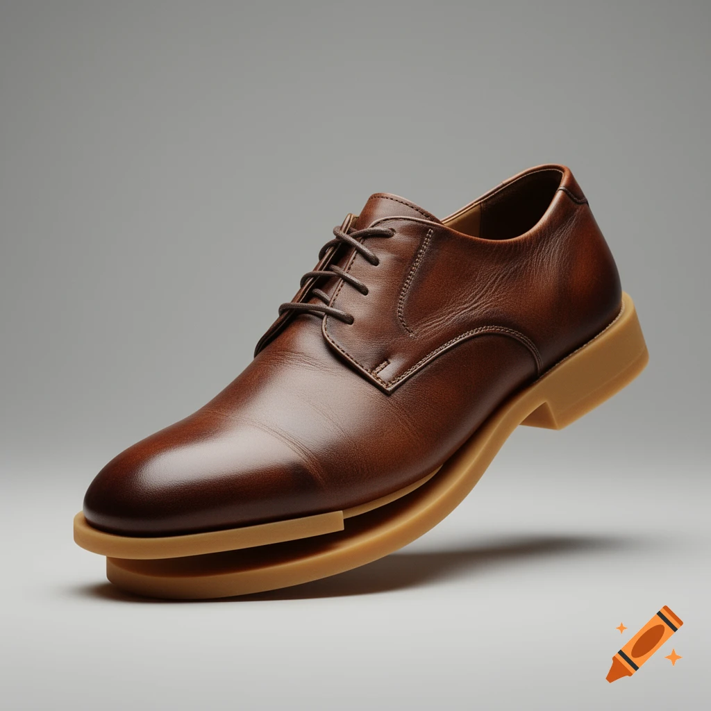 Brown leather men's dress shoe with a detached tan sole, floating against a grey background.