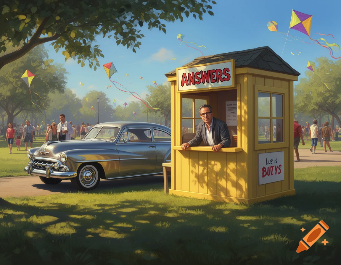 A man in a suit and glasses leans out of a yellow "ANSWERS" booth in a park, next to a classic silver car. Kites fly in the sunny sky above people strolling in the background.
