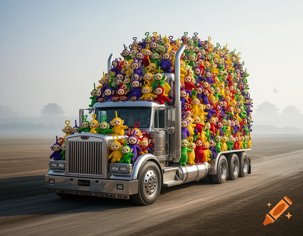 A semi-truck heavily loaded with hundreds of colorful Teletubbies drives on a desolate road with distant pagoda-like buildings.