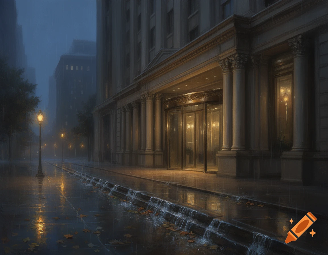 A grand hotel building illuminated at night with a wet, reflective street and streetlights in the rain.