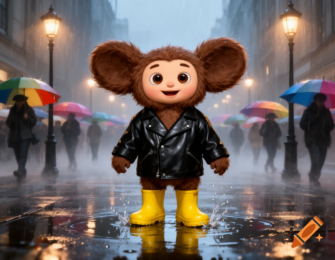 A cute Cheburashka character in a black leather jacket and yellow rain boots splashes in a puddle on a rainy city street at night.