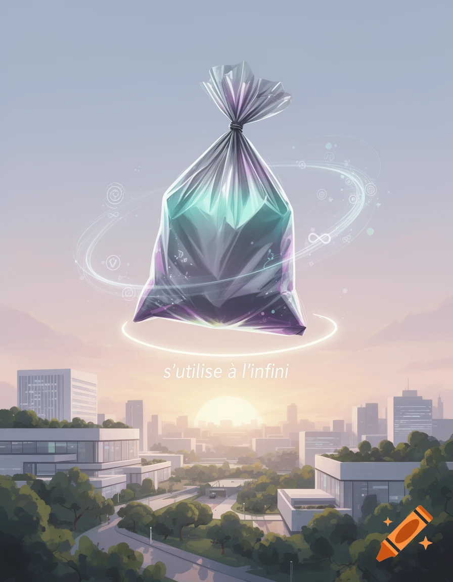 A shiny, translucent trash bag floats above a modern cityscape at sunset, with text 's'utilise à l'infini' and glowing rings.