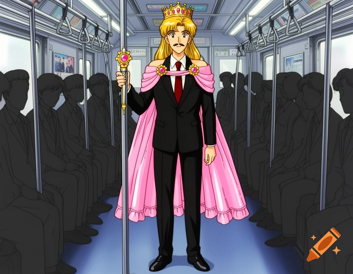 A man in a black suit, pink princess cape, blonde wig, and crown holds a scepter in a 90s anime subway car with silhouetted passengers.