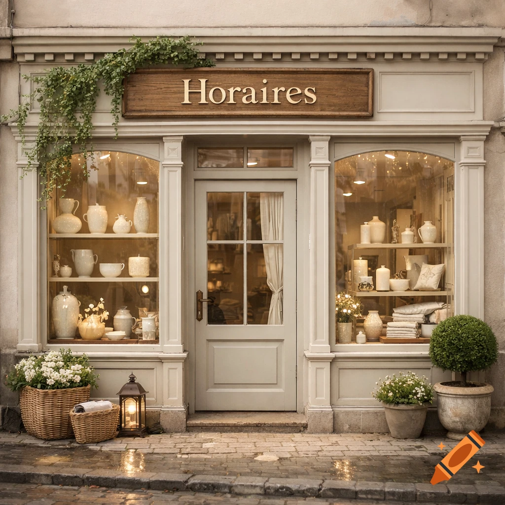 A charming boutique storefront with a 'Horaires' sign, neutral tones, potted plants, and light reflecting on wet cobblestones.