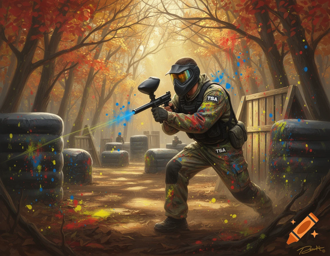 A man in camouflage and a mask plays paintball in an autumn forest, aiming a paintball gun amidst paint splatters.