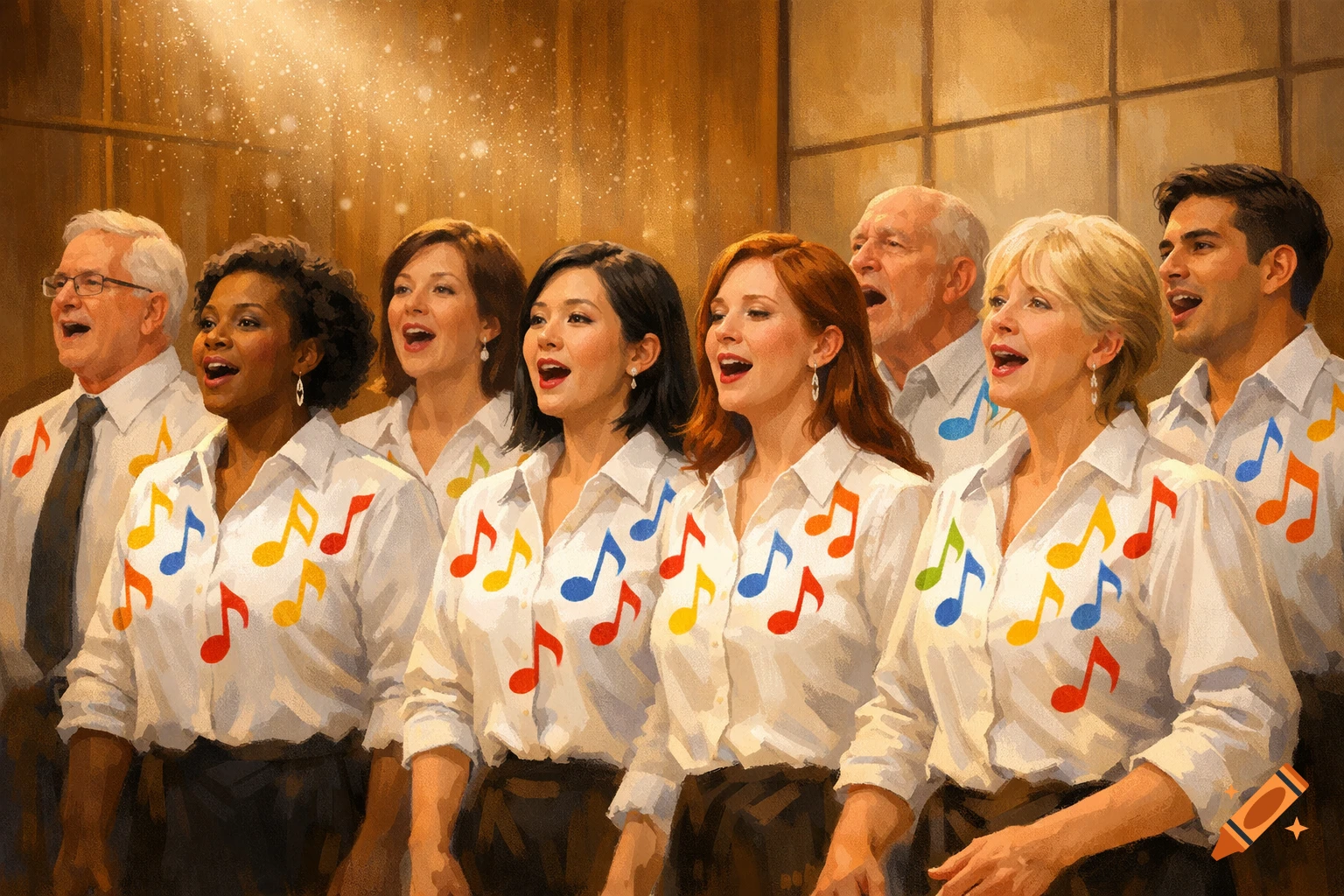 A painting of a diverse choir of men and women singing, wearing white shirts decorated with colorful musical notes.