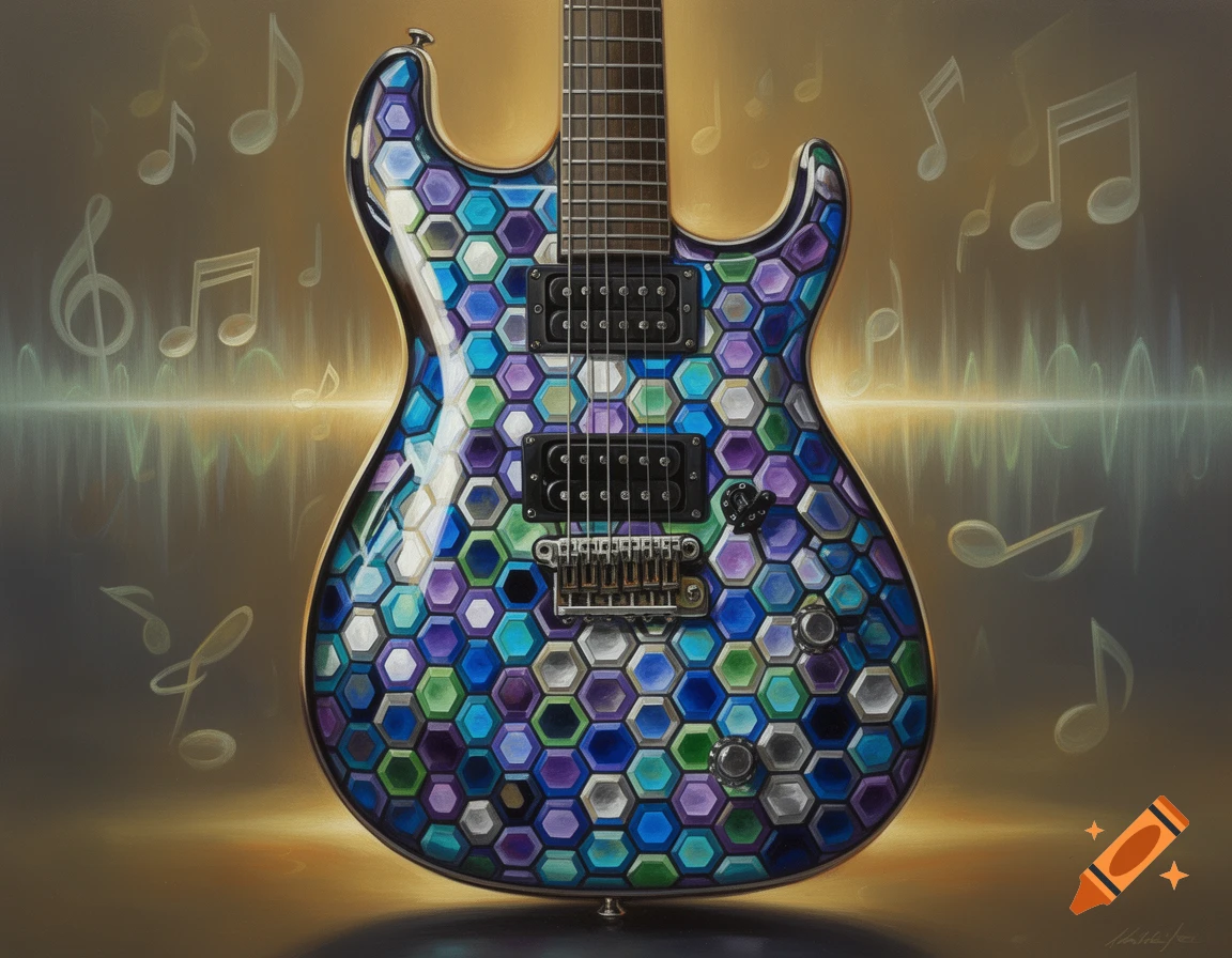 An electric guitar with a vibrant blue, purple, and green hexagonal pattern on its body, set against a background of glowing musical notes and soundwaves.