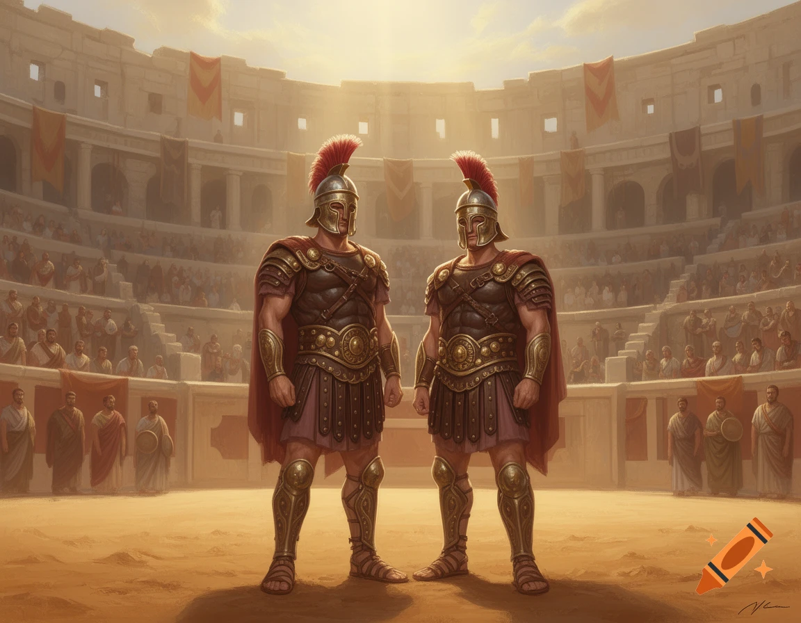 Two muscular Roman gladiators in ornate armor and red-plumed helmets stand in a sunlit amphitheater filled with spectators.