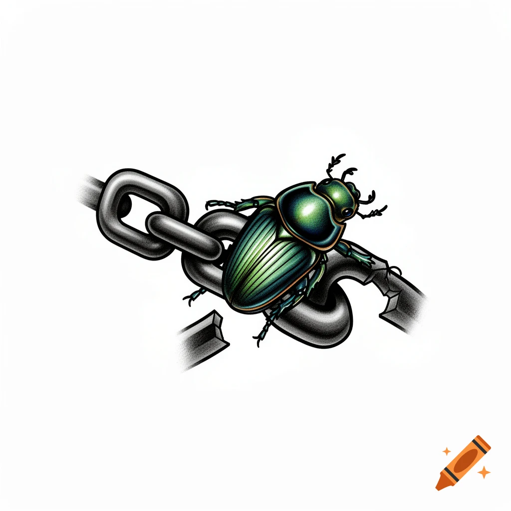 A green-blue iridescent scarab beetle holding together the broken link of a grey steel chain, in old-style tattoo art.