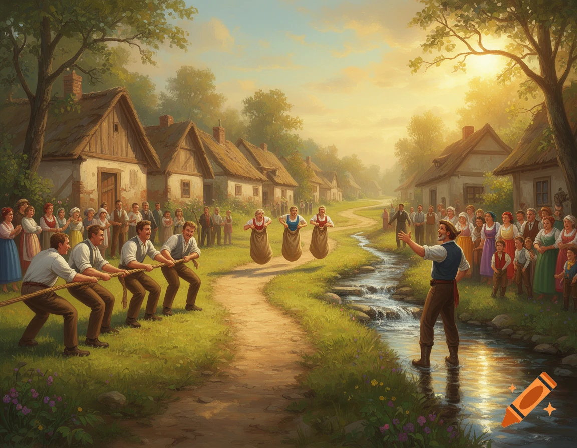 A painted village scene depicting people playing tug-of-war and a sack race, observed by a crowd near a stream and houses under a sunny sky.