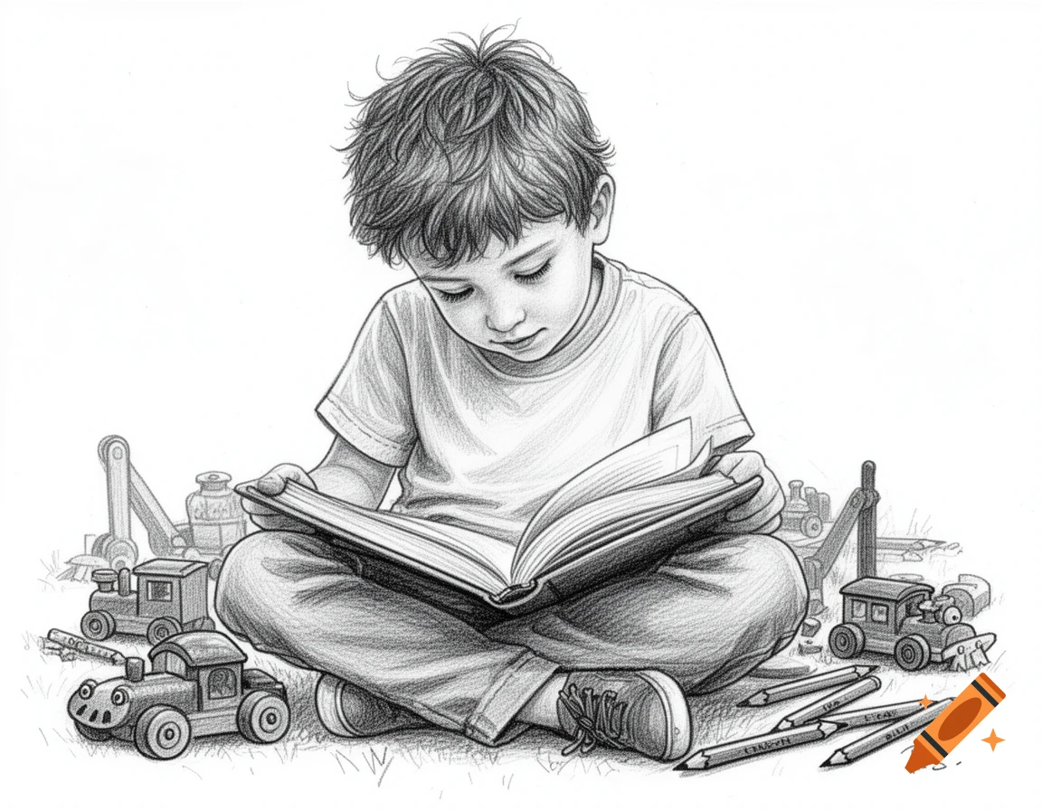 Pencil drawing of a young boy with messy hair sitting cross-legged on the ground, reading an open book, surrounded by toy trains and pencils.
