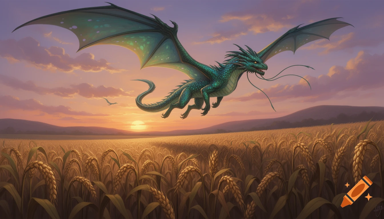 A teal dragon with large, shimmering wings flies gracefully over a ...