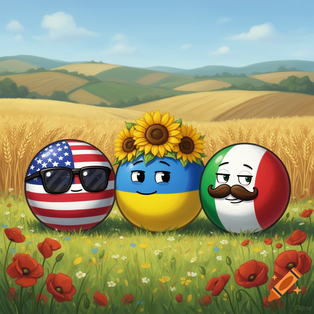 Three cartoon countryballs representing USA, Ukraine, and Italy stand in a sunny field of wheat and red poppies. The USA ball wears sunglasses, the Ukraine ball has a sunflower crown, and the Italy ball has a mustache.