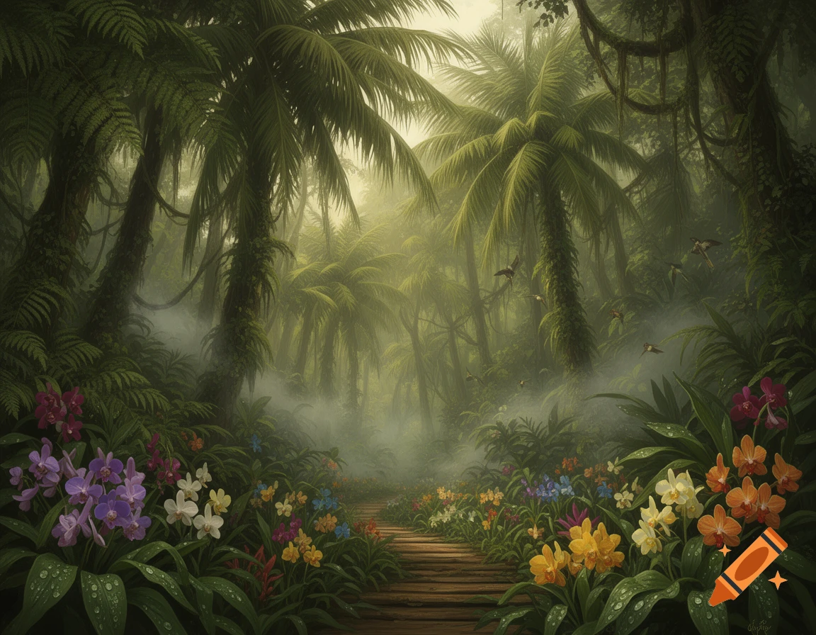 A lush, misty tropical jungle path lined with colorful orchids and palm ...