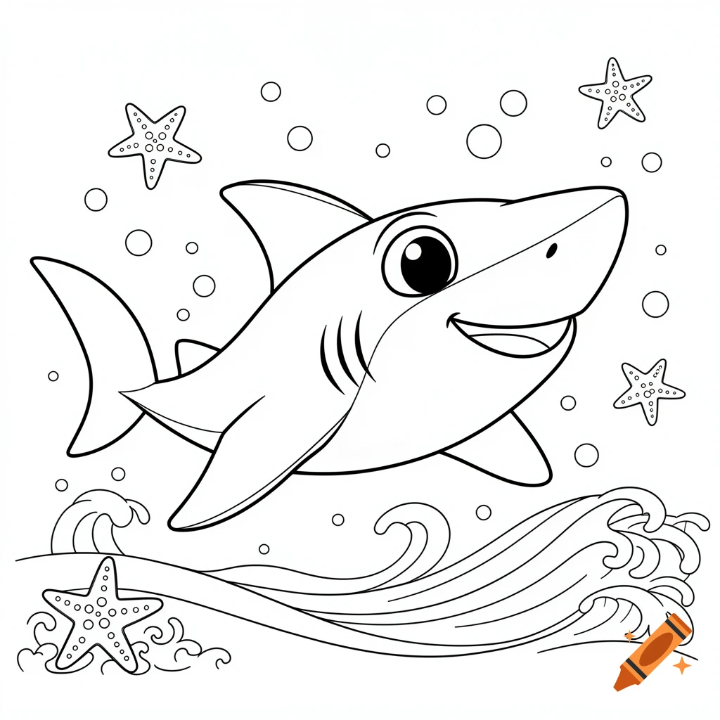 A black and white coloring page of a happy cartoon shark swimming with starfish and waves.