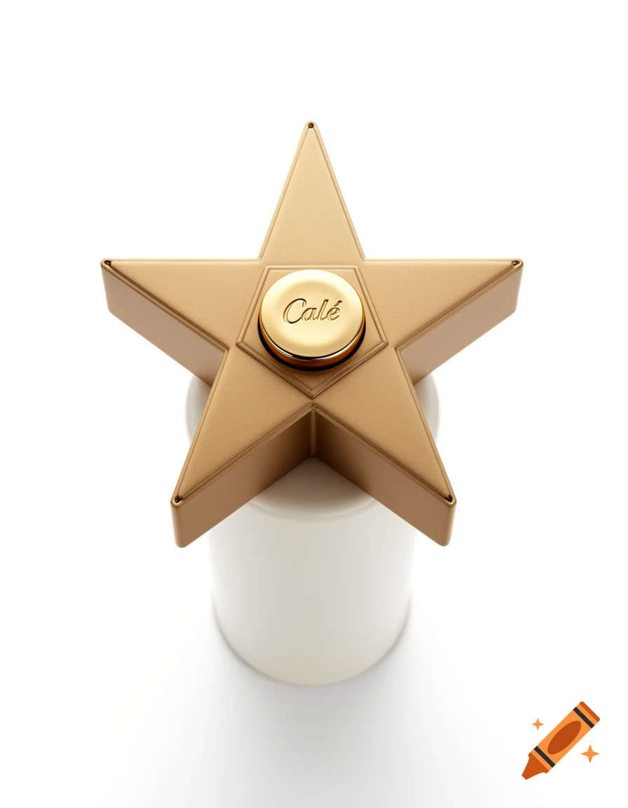 Photorealistic golden star-shaped product packaging with 'Calé' engraved on a central circular cap, resting on a white cylindrical base against a white background.