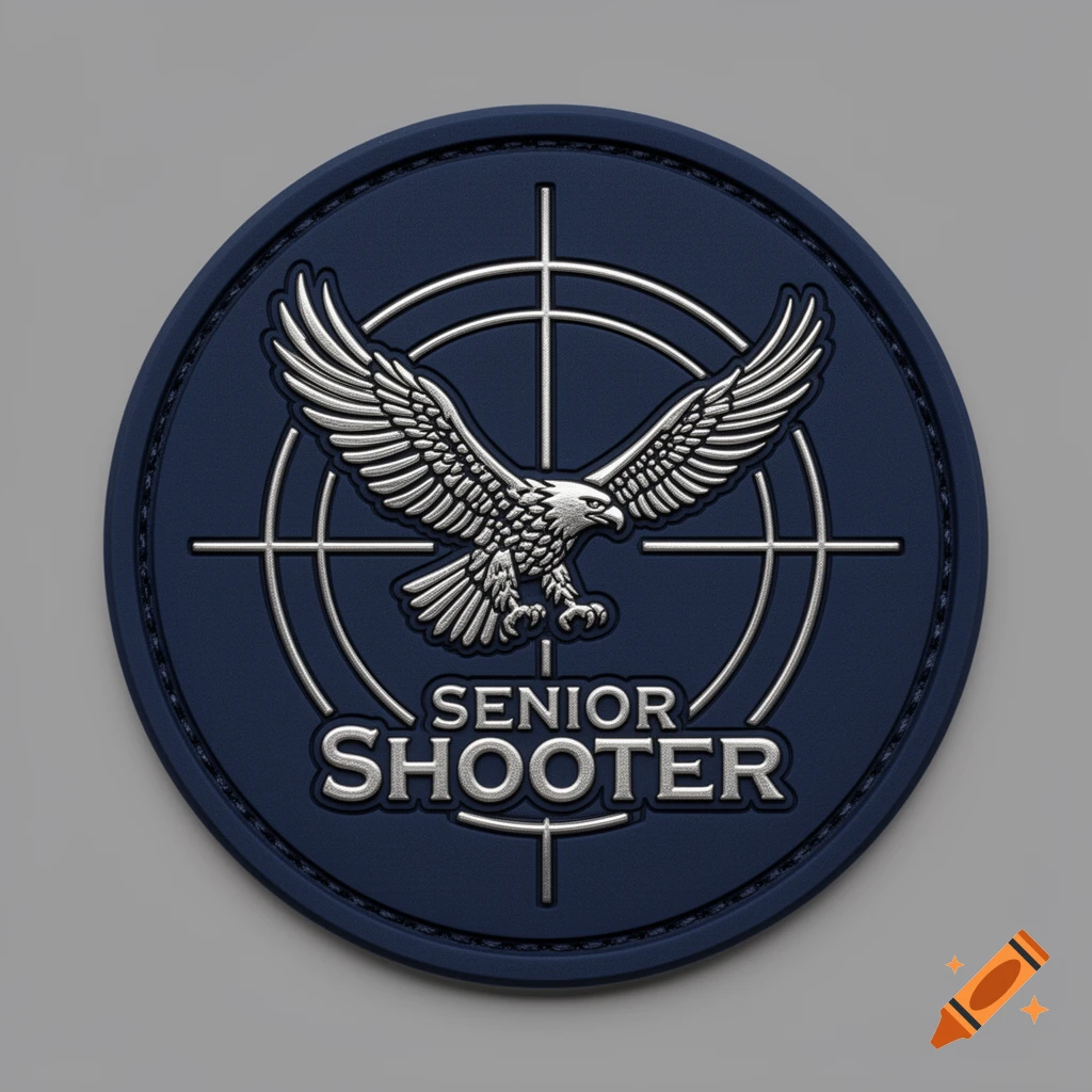 A round, dark blue PVC patch with a silver flying eagle centered within a crosshair, and the words "SENIOR SHOOTER" below it.
