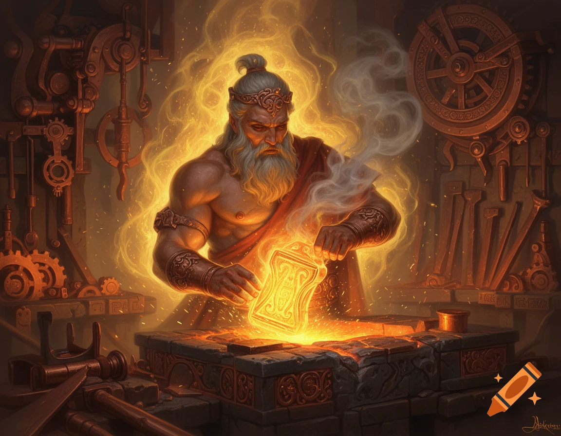 Powerful bearded man with glowing aura working at a forge, holding a radiant golden artifact. Detailed fantasy art style.
