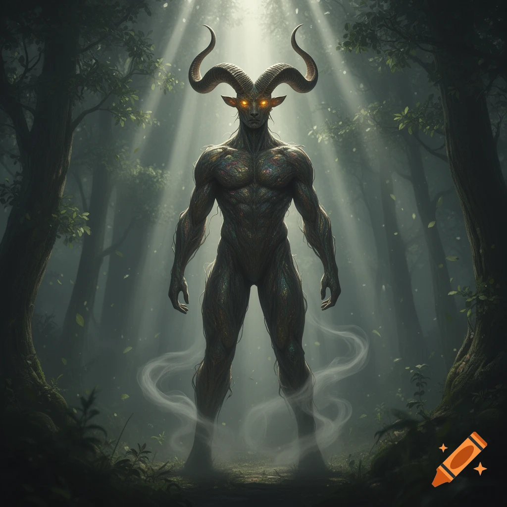 A tall, muscular horned creature with glowing eyes stands in a dark ...